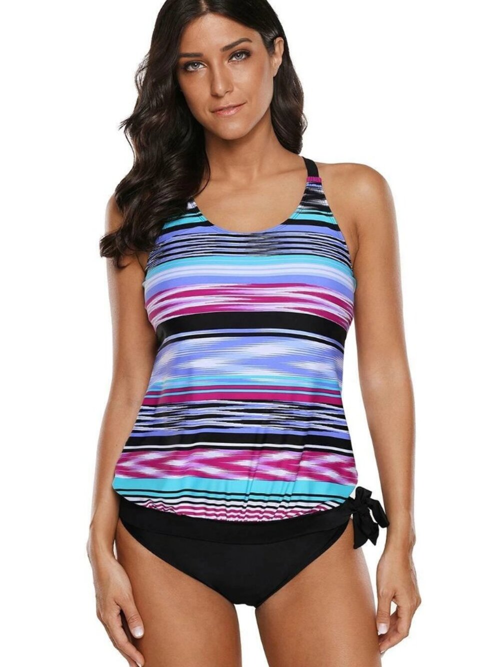 Women Sexy Bandeau Tie Dye Tankini 2 Piece Swimsuit Swimwear Set in Multi Stripe